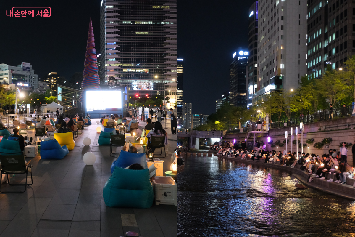 청계천에서 펼쳐진 작가와의 만남(좌)과 책읽는 맑은냇가(우) ⓒ 김미선