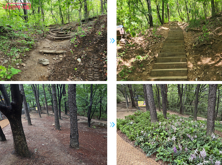 목계단 정비(관악산), 매력가든 조성(불암산) 정비 전→후 모습.