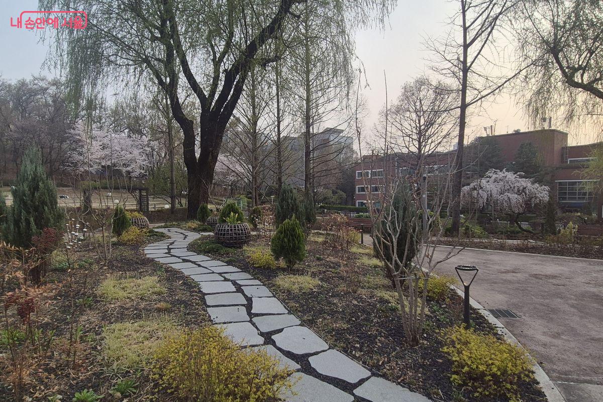 연못과 중앙도서관 사이 산책길이 아기자기하다