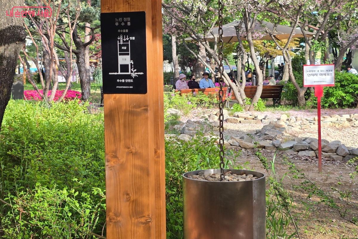 설치된 우수통. 빗물이 우수통을 통과하여 정원으로 흘러들어가게 된다. &copy;강사랑