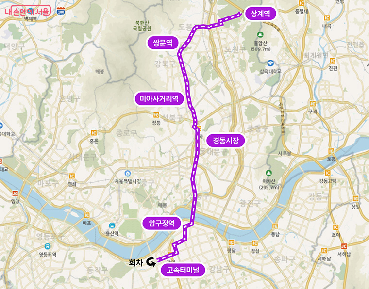 A148 노선도 (상계역~쌍문역~미아사거리~압구정역~고속터미널) 1회 왕복