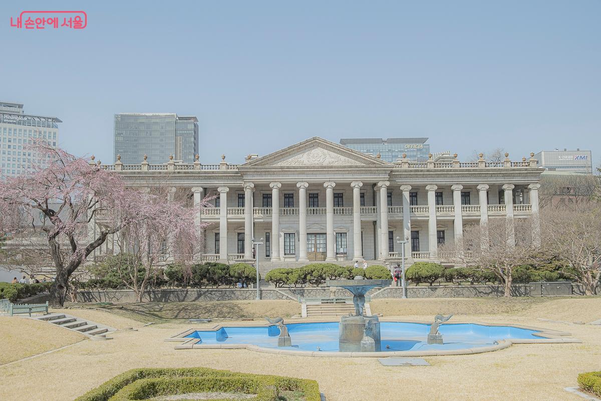 석조전과 능수벚꽃나무가 어우러져 이색적인 매력을 뽐낸다. &copy;김지연