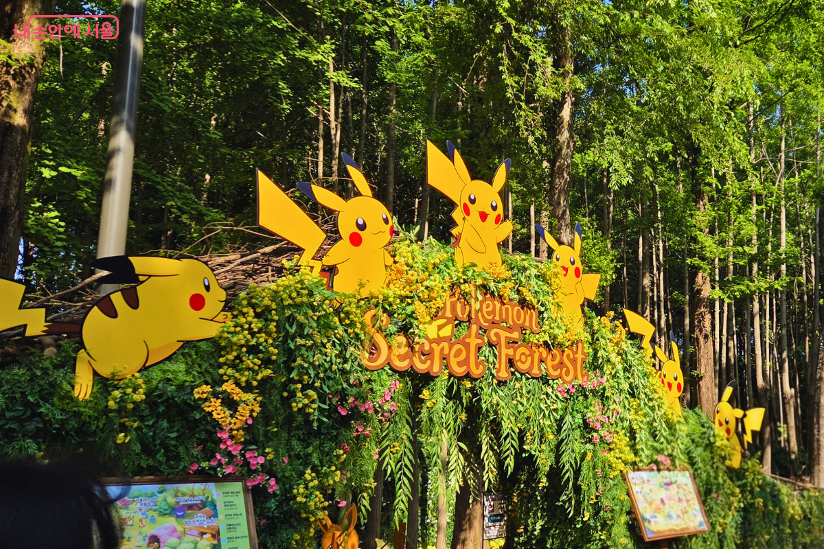 울창한 나무들을 배경으로 'Pokemon Secret Forest'라고 적힌 팻말 주변이 노란 꽃과 초록색 덩굴로 화려하게 장식되어 있다. 덩굴 위에는 다양한 포즈를 취한 피카츄 조형물들이 배치되어 있다.