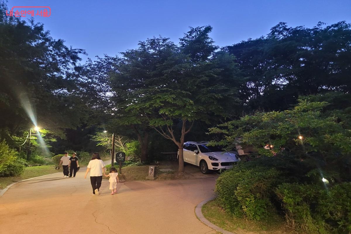 퇴근 후 중랑가족캠핑장을 찾은 시민들이 숲길을 걸으며 도심 속 휴식을 즐기고 있다. ©조연
