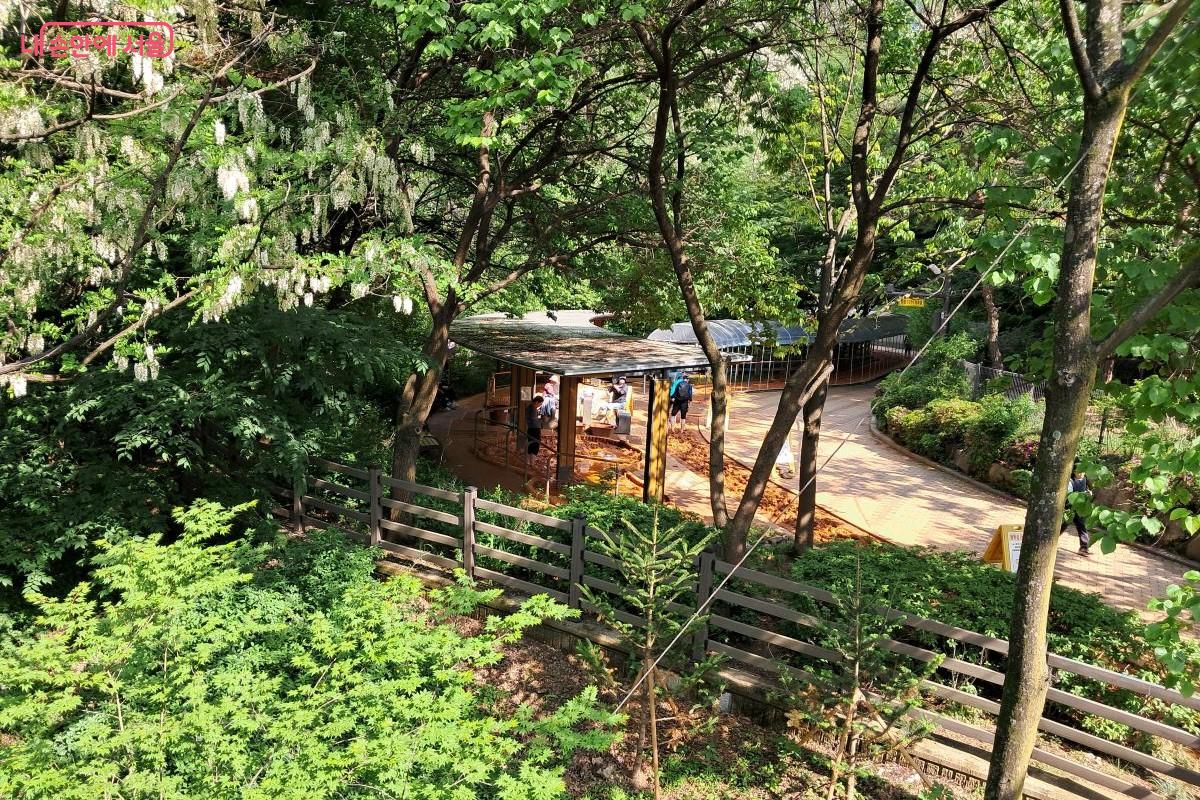 행복쉼터 외부 테라스에서 바라본 맨발 황톳길과 세족 시설 ©장형진