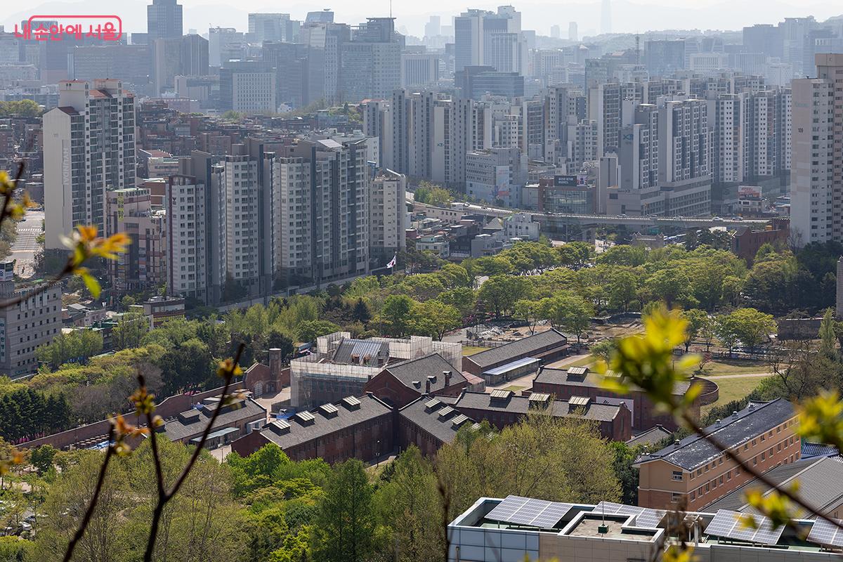 안산 자락길을 오르다 아래를 보니 지나온 서대문형무소 건물 지붕이 보인다. &copy;문청야