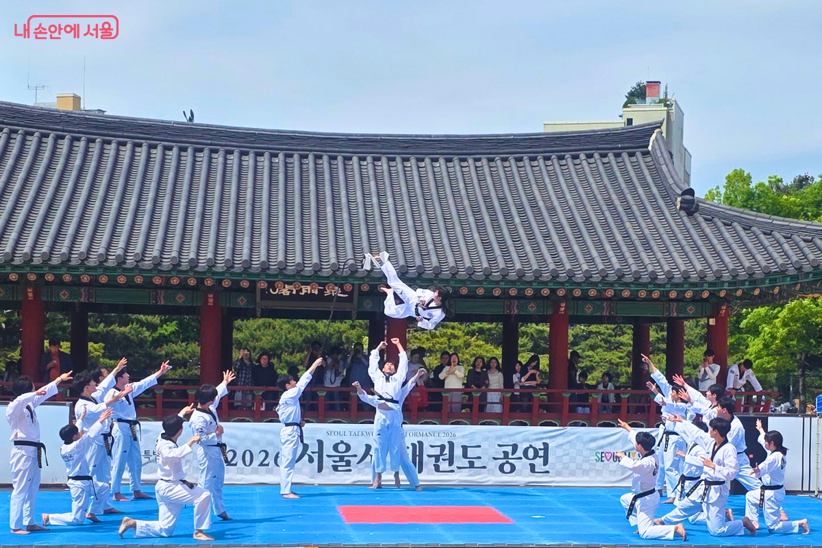 남산골한옥마을 천우각 전통 정자 앞 파란 매트 위에서 흰색 도복을 입은 태권도 시범단이 공연 중이다. 중앙의 한 단원이 공중에서 높이 뛰어 올라 회전 발차기를 선보이고 있으며, 주변의 다른 단원들은 무릎을 꿇거나 서서 손을 들어 올리는 포즈를 취하고 있다. 배경에는 기와지붕의 전통 한옥과 무대를 지켜보는 관람객들이 보인다.
