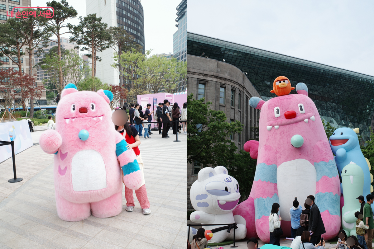 스탬프 투어 미션을 위한 해치(좌)와 서울광장 내 대형 해치 벌룬(우)과 추억의 사진을 담는 어린이들의 모습 &copy;김미선