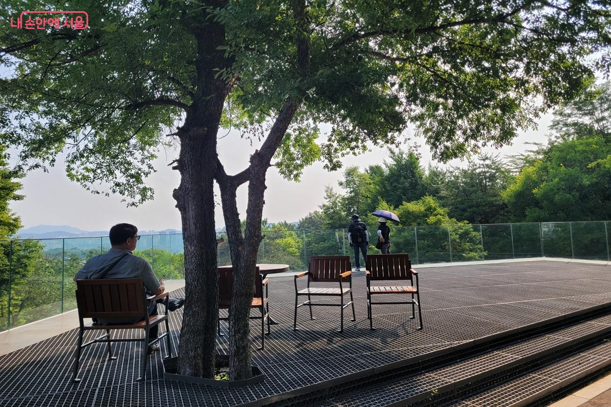 남산마루 전망대에서 시민들이 숲과 도심 풍경을 바라보며 여유로운 시간을 보내고 있다. ©조연