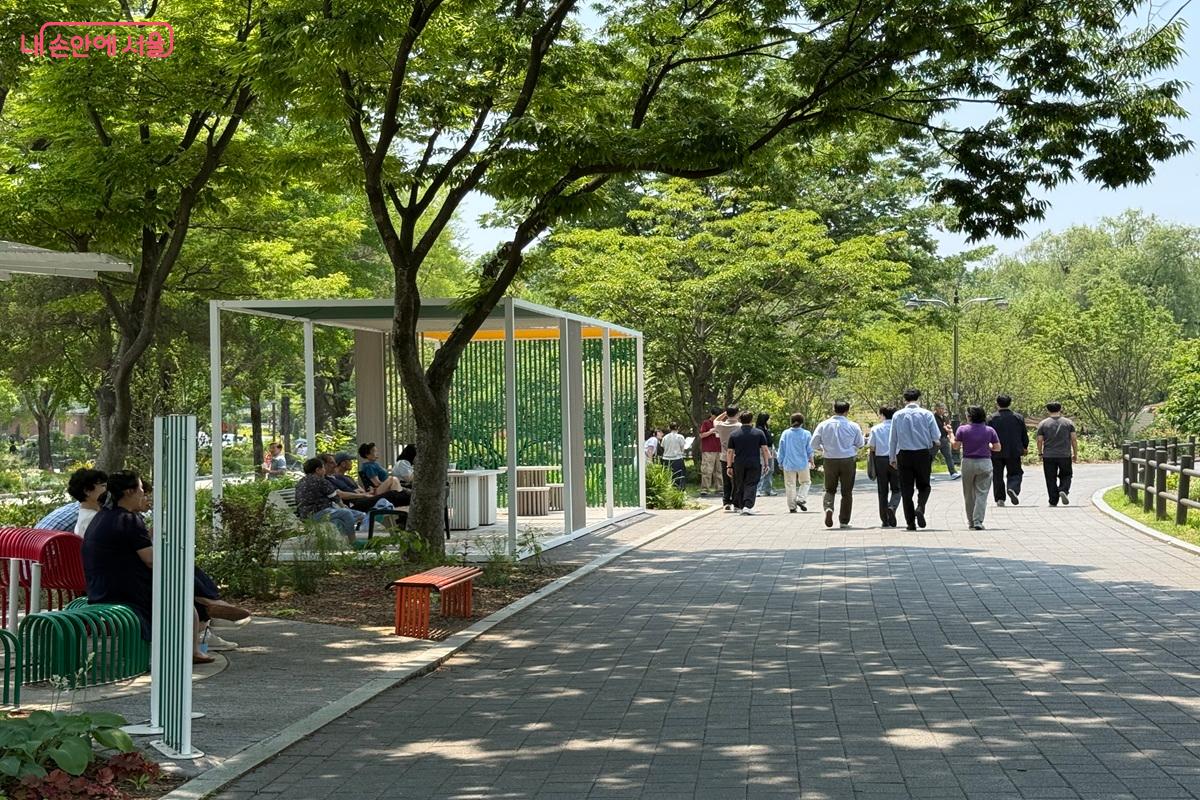 보라매공원 플라타너스 숲 쉼터에서 점심시간을 보내는 직장인들