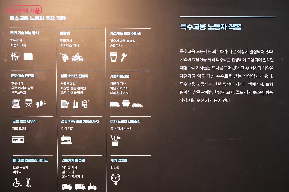 노동법의 사각지대에 놓인 특수고용 노동자 직종 안내 패널 &copy;김대진 