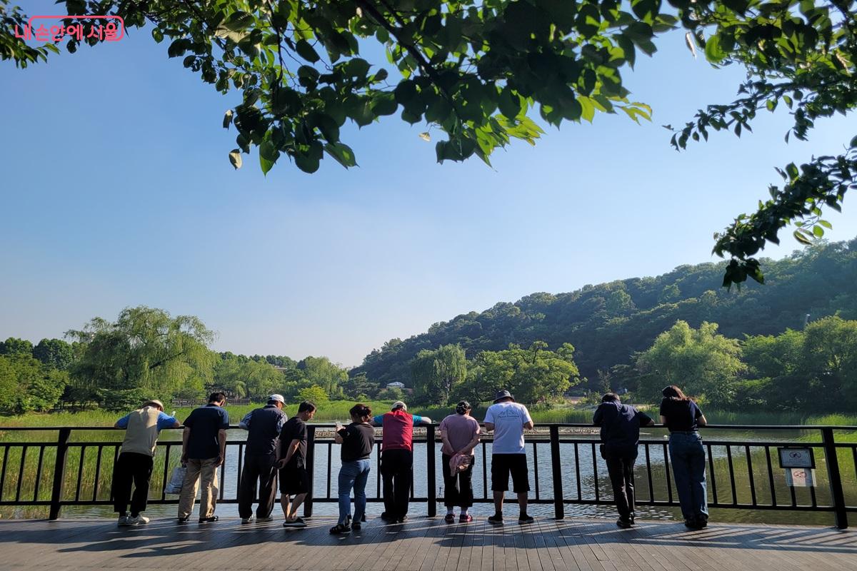 보라매공원 음악분수와 연못을 바라보는 시민들