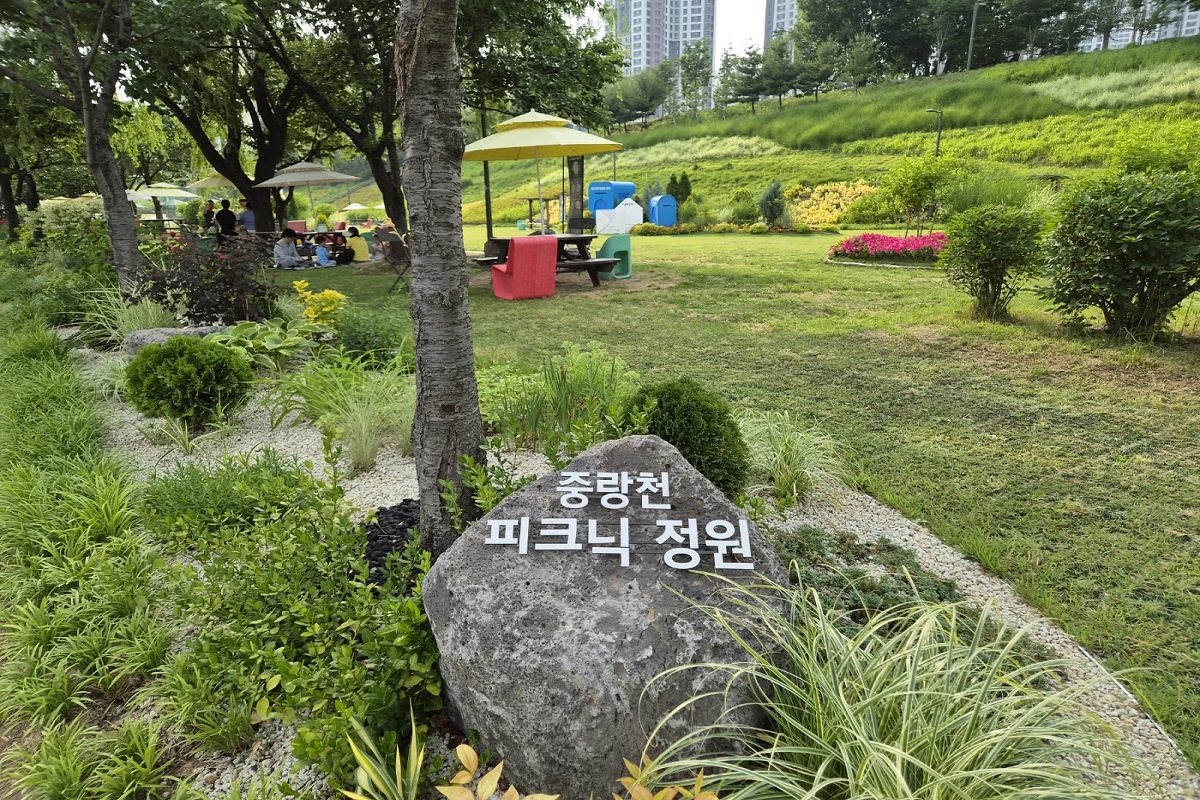 돗자리 없어도 괜찮아요! 파라솔 벤치에서 즐기는 '중랑천 피크닉 정원'