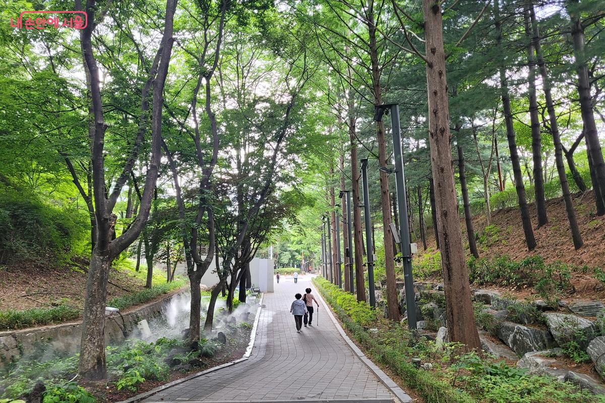 숲과 수경시설이 어우러진 용마폭포공원 산책로 ©조연