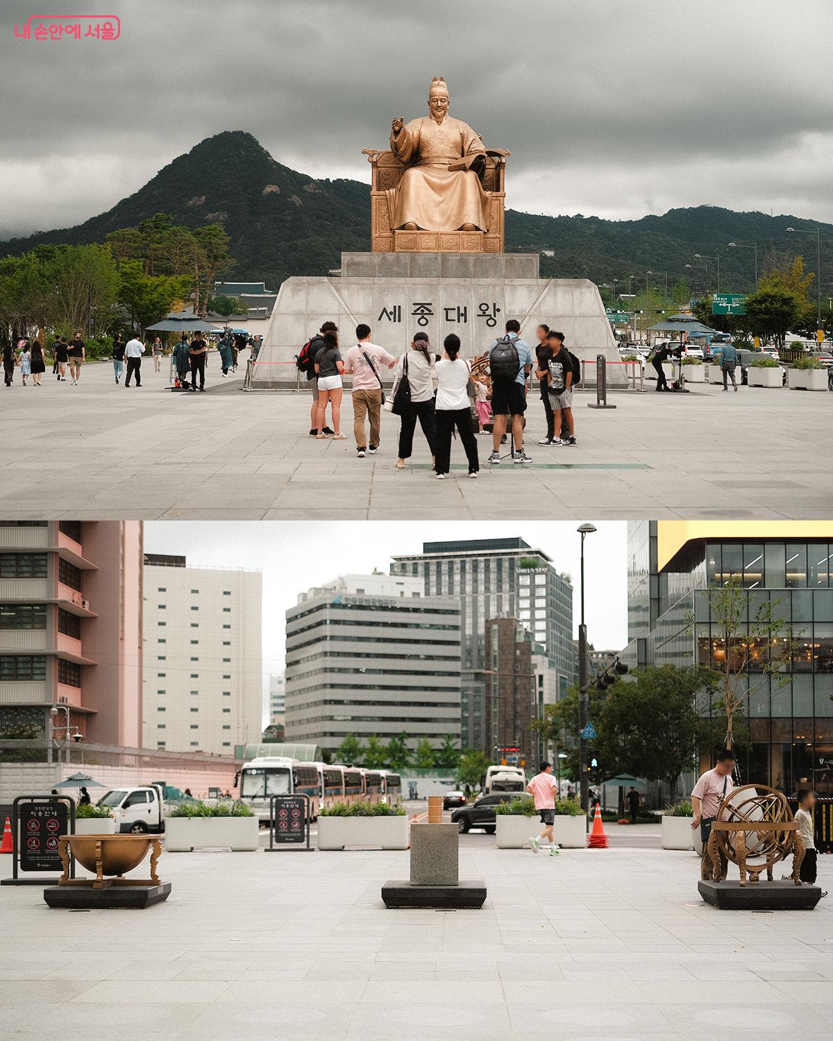 세종대왕 동상과 주요 과학 발명품인 해시계, 측우기, 혼천의 모형 ©김아름
