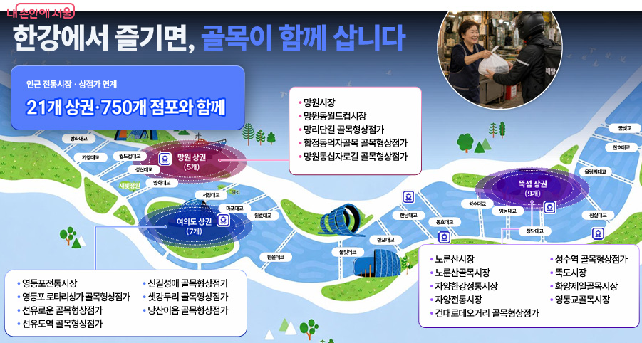 여의도·뚝섬·망원한강공원 배달존 인근 21개 전통시장 및 골목형 상점가의 위치