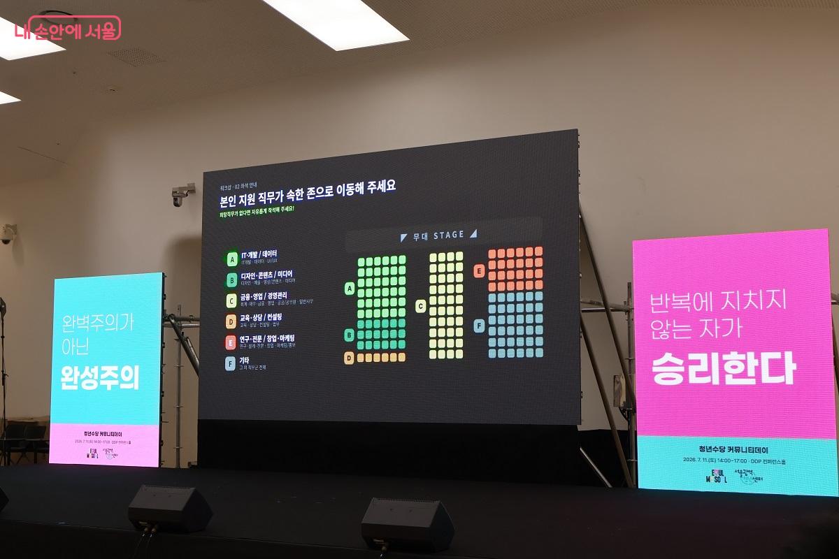 경험정리 워크숍 직무별 존 좌석안내 화면, &lsquo;완벽주의가 아닌 완성주의&rsquo;라는 문구가 이날 행사의 메시지를 압축했다. ⓒ김대진