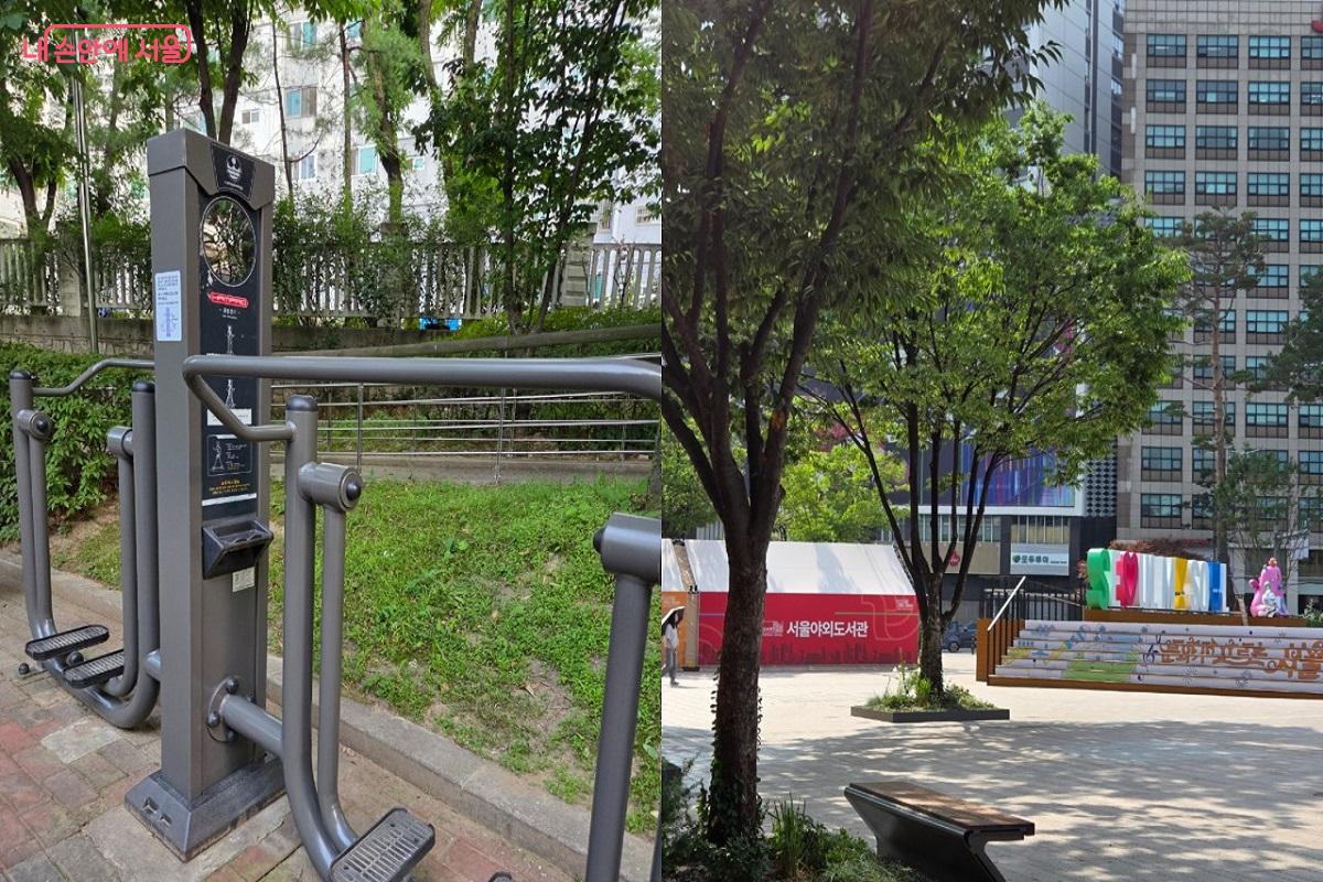 집 근처 공원 내 운동기구(좌), 서울야외도서관이 열리는 서울광장(우) 모습 &copy;이소현