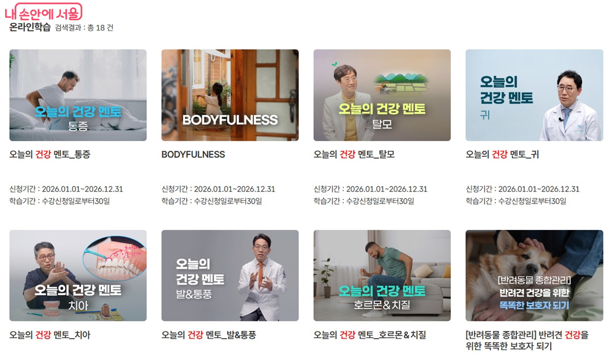 다양한 건강 강좌. 검색어를 입력해서 원하는 강좌를 찾아봐도 좋다. ©서울시평생학습포털