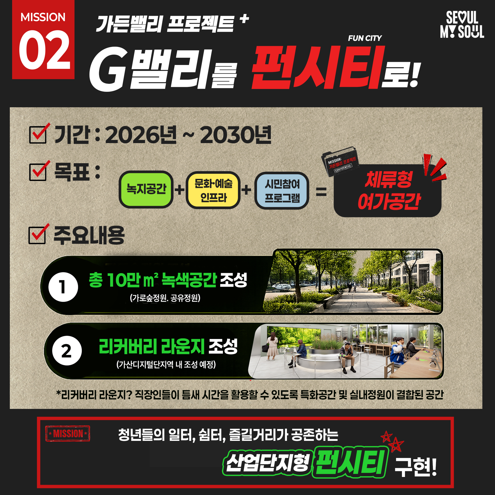 가든밸리 프로젝트 +
G벌리를 펀시티로!

기간 : 2026년 ~ 2030년
목표:  녹지공간 + 문화&middot;예술 인프라 + 시민참여 프로그램  = 체류형 여가공간

주요내용
1. 총 10만 m2 녹색공간 조성 
(가로숲정원. 공유정원)

2.  리커버리 라운지 조성
(가산디지털단지역 내 조성 예정)
*리커버리 라운지? 직장인들이 틈새 시간을 활용할 수 있도록 특화공간 및 실내정원이 결합된 공간

청년들의 일터, 쉼터, 즐길거리가 공존하는
산업단지형 펀시티 구현!