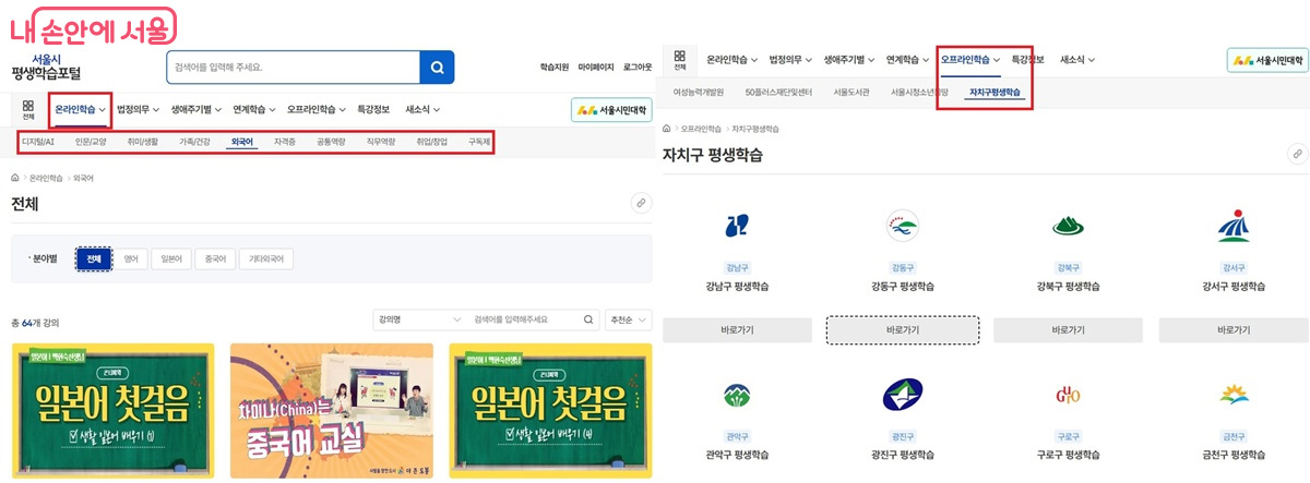 서울시평생학습포털 내 '온라인학습'(좌)과 '오프라인학습'(우) 메뉴 ©서울시평생학습포털