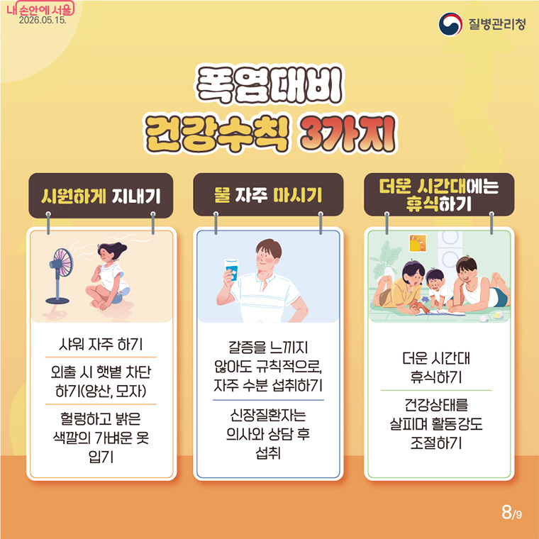 폭염을 이기는 건강수칙인 '시원하게 지내기', '물 자주 마시기', '더운 시간대 휴식하기' 3가지를 꼭 기억하세요.