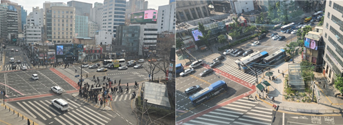 시청역 8번 출구 개선 전(왼쪽), 후(오른쪽) 모습. 기존 교통섬을 철거하고 보도와 횡단보도 대기공간을 넓혔다. ©서울시