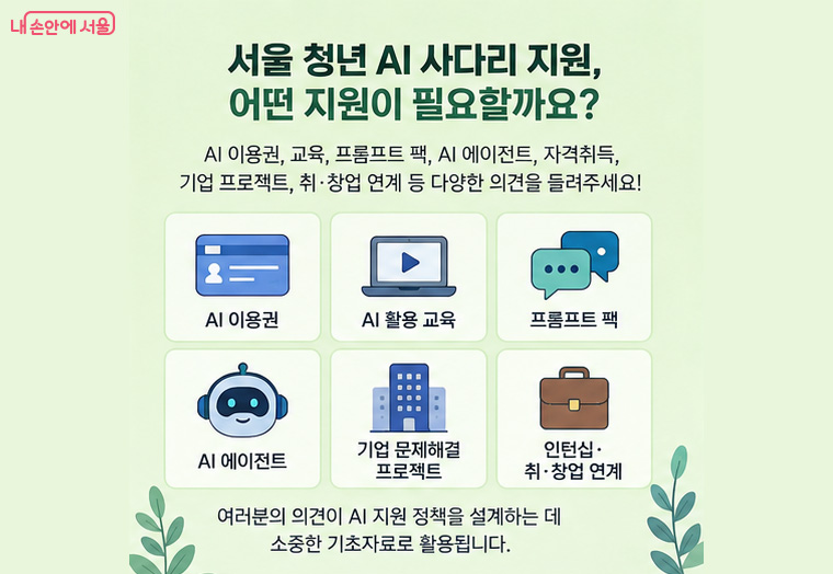 ‘청년 AI 사다리 지원’ 정책으로 어떤 프로그램이 필요한 지 의견을 제출할 수 있다.