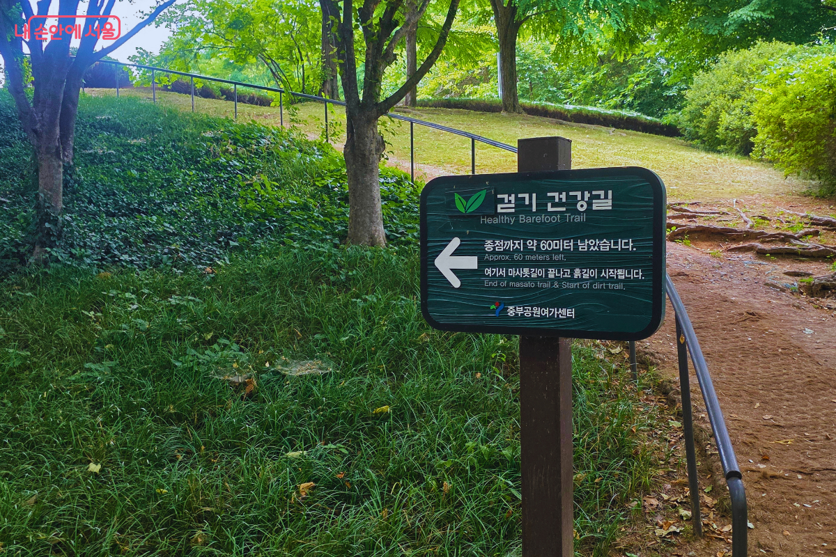 나무와 풀이 우거진 흙길 옆에 ‘걷기 건강길’ 안내판이 설치돼 있다. 안내판에는 종점까지 약 60m가 남았으며 이 지점에서 마사토길이 끝나고 흙길이 시작된다는 내용이 표시돼 있다.