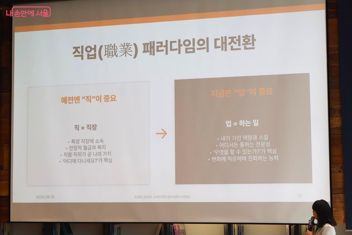 직장 중심에서 전문성 중심으로의 직업 패러다임 변화를 설명하고 있다. &copy;김대진