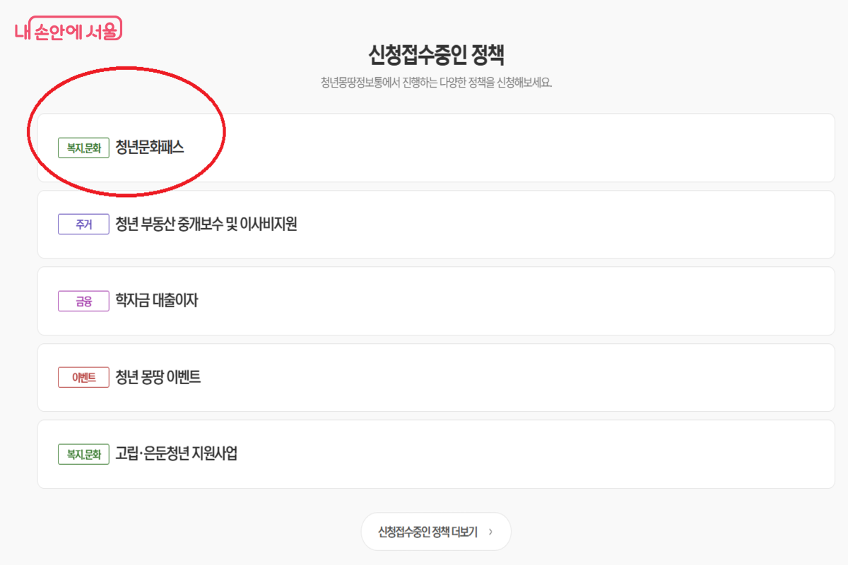 청년몽땅정보통 누리집에 들어가 ‘신청 접수 중인 정책’의 청년문화패스 항목을 체크하자. ©청년몽땅정보통 누리집