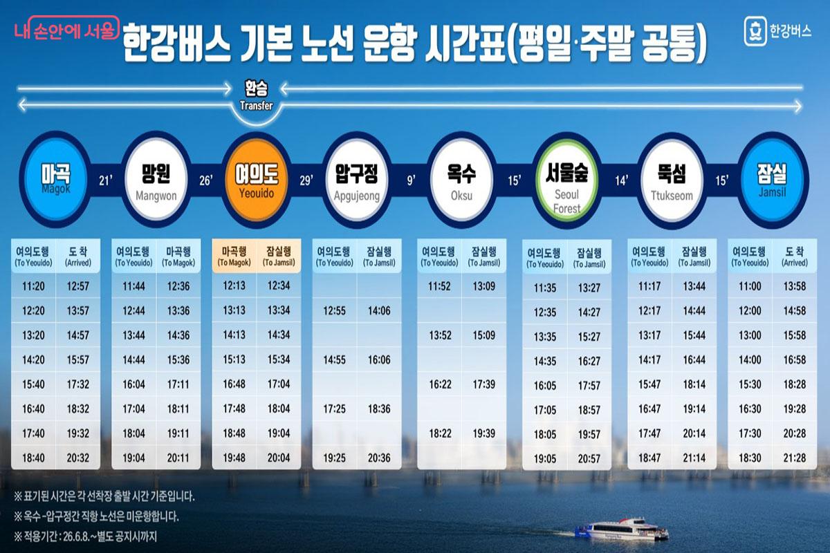 한강버스 기본 노선 운항 시간표 &copy;한강버스
