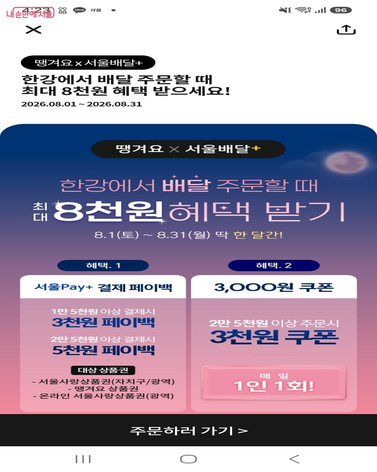 여의도한강공원에 설치된 배달존에서 '서울배달+땡겨요'로 음식을 주문하니 할인 혜택이 쏟아졌다. &copy;땡겨요