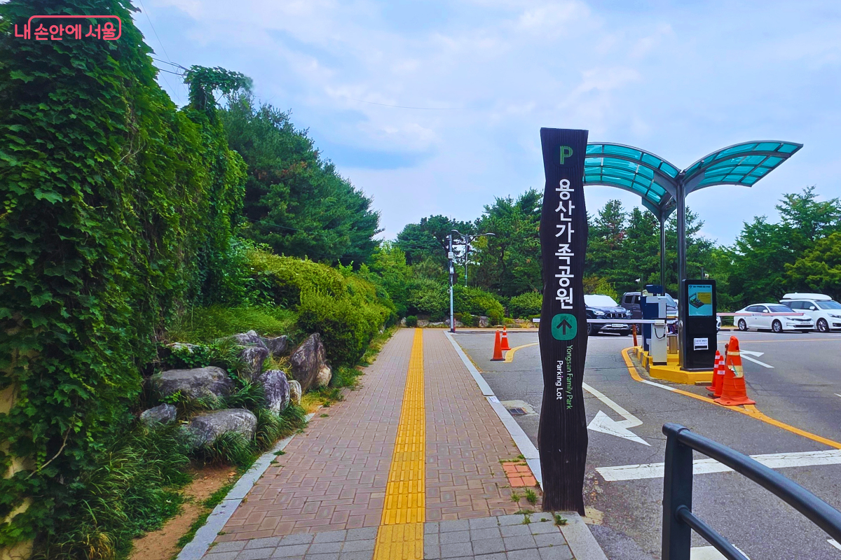 용산가족공원 주차장 입구에 안내 표지판이 서 있고, 왼쪽으로는 노란 점자블록이 이어진 보행로와 울창한 녹지가 보인다. 오른쪽 주차장에는 여러 대의 차량이 주차돼 있다.
