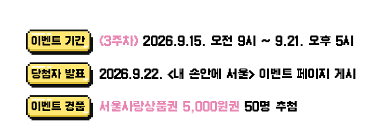 이벤트기간 3주차 2026년 9월 15일 오전 9시부터 9월 21일 오후 5시까지/ 당첨자 발표 2026년 9월 22일 내손안에서울 이벤트 페이지 게시/이벤트 경품 서울사랑상품권 5천원권 50명 추첨