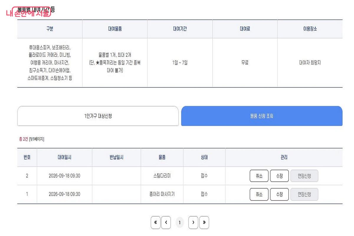대여 가능한 물품을 확인하고 원하는 품목을 선택할 수 있다. &copy;성북구청