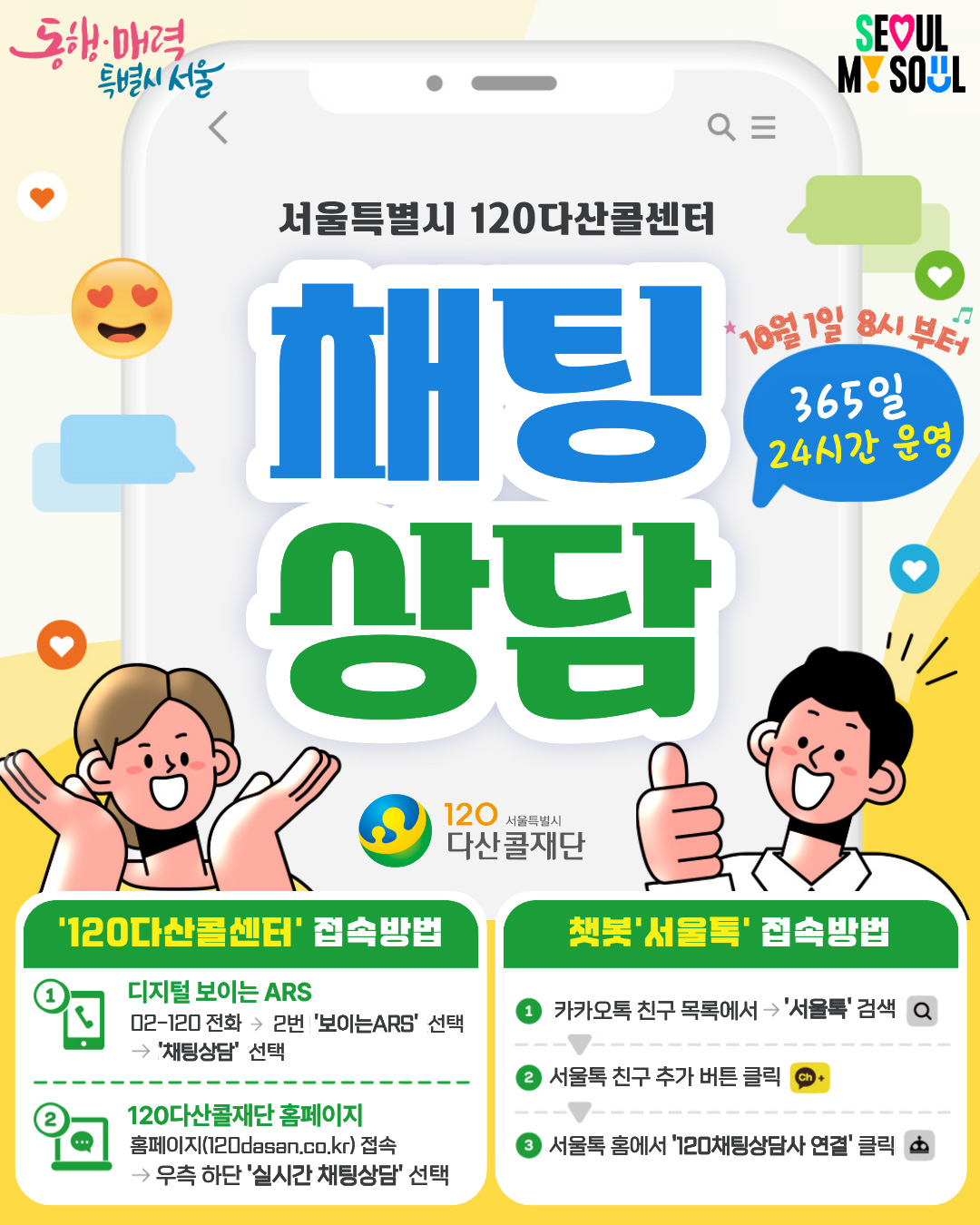 10월 1일부터 120다산콜의 실시간 채팅&middot;수어상담 등 상담 서비스가 365일 24시간 확대 운영된다.