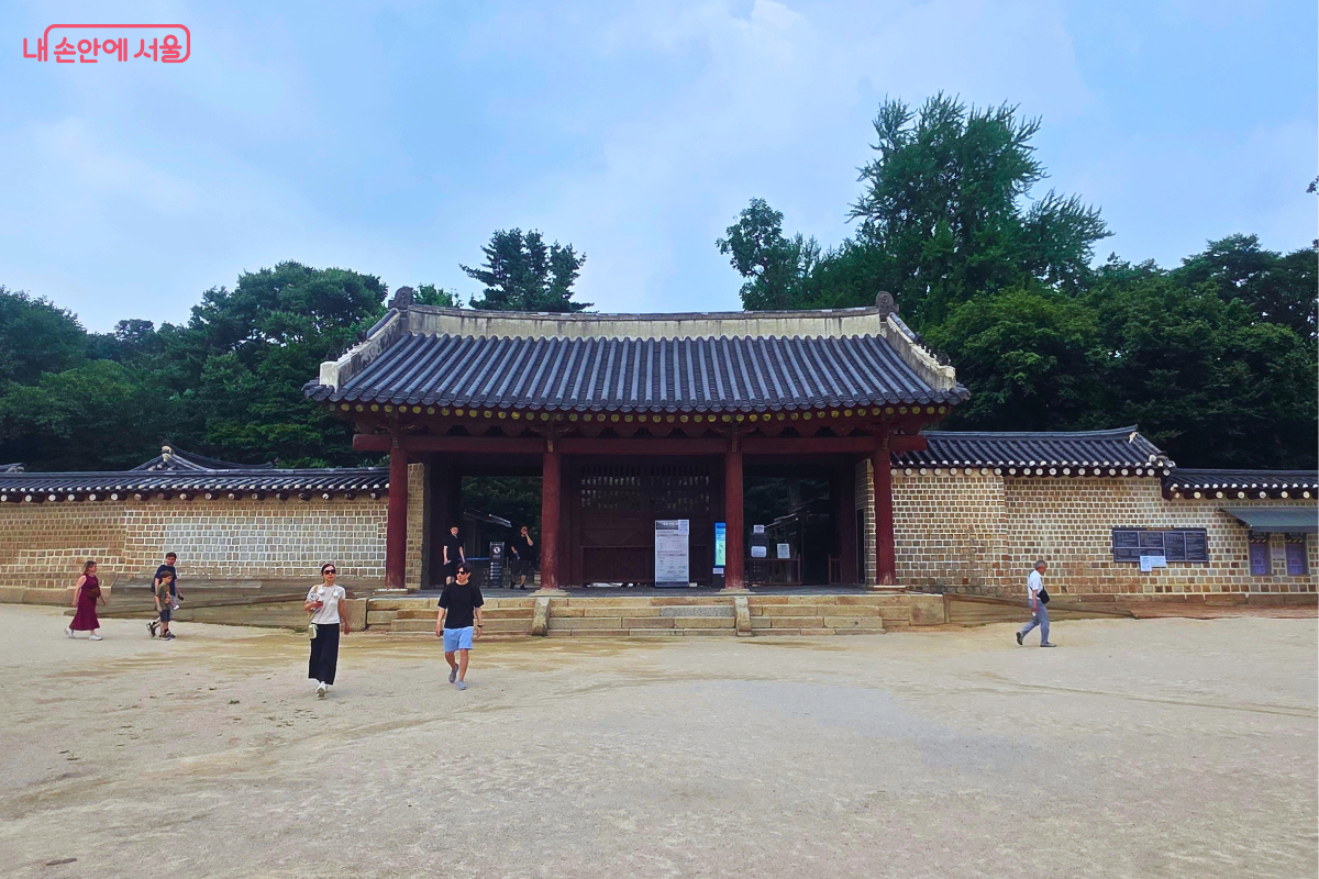 종묘 외대문이 정면으로 보인다. 가운데 높은 기와지붕을 얹은 세 칸 문과 양옆으로 이어지는 전통 담장이 울창한 녹음과 어우러져 있으며, 관람객들이 넓은 흙마당을 지나고 있다.
