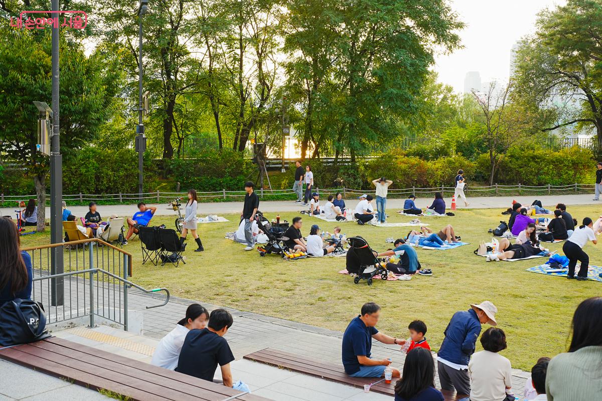 넓은 잔디광장에 돗자리를 펴고 누워 있거나 앉아 있는 시민들, 노을빛이 비치는 나무들