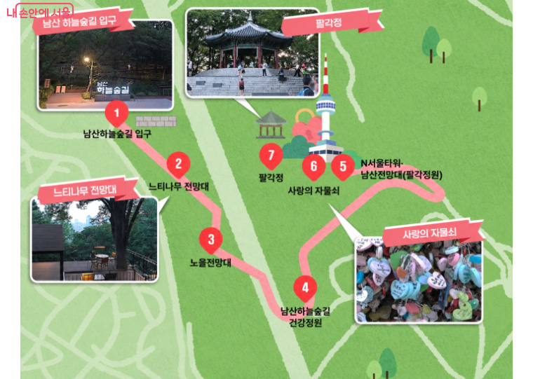 남산성곽 야간코스 동선 및 주요 거점 안내
