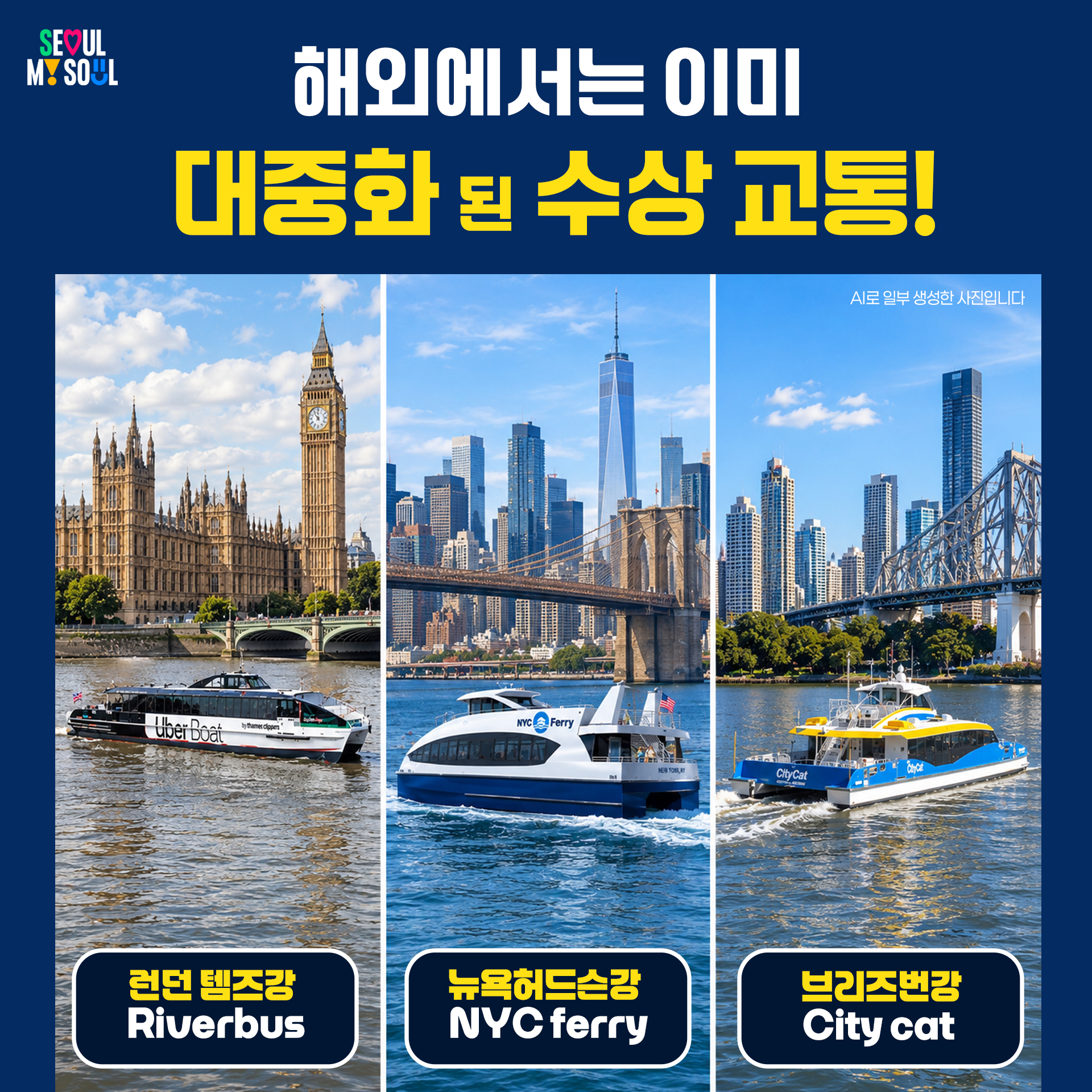 해외에서는 이미 대중화 된 수상 교통!
- 런던 템즈강 Riverbus
- 뉴욕허드슨강 NYC ferry
- 브리즈번강 City cat