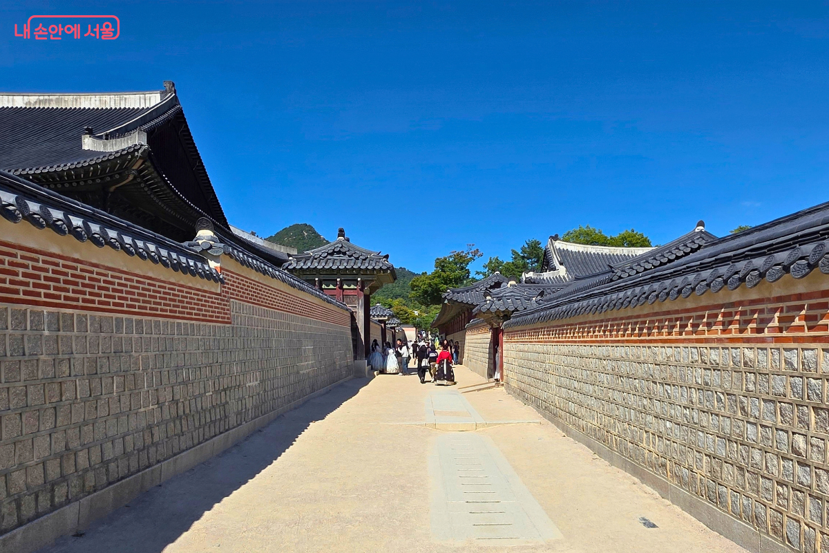 경복궁의 고즈넉한 궁궐 담장 사이로 시민들과 관광객들이 산책하고 있다.
