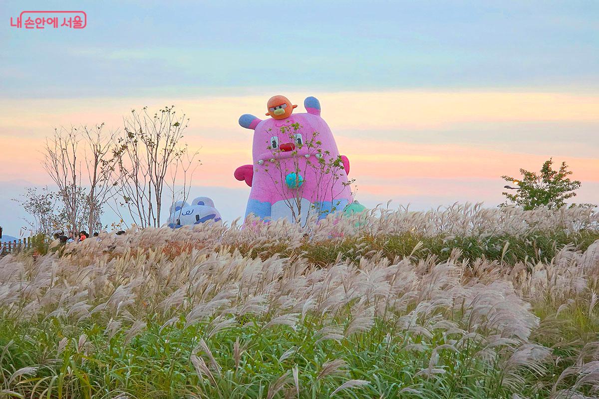 노을빛 억새밭 위로 빼꼼 고개를 내민 귀여운 해치와 소울프렌즈 핑크빛 인생샷 장소 &copy;이정민 