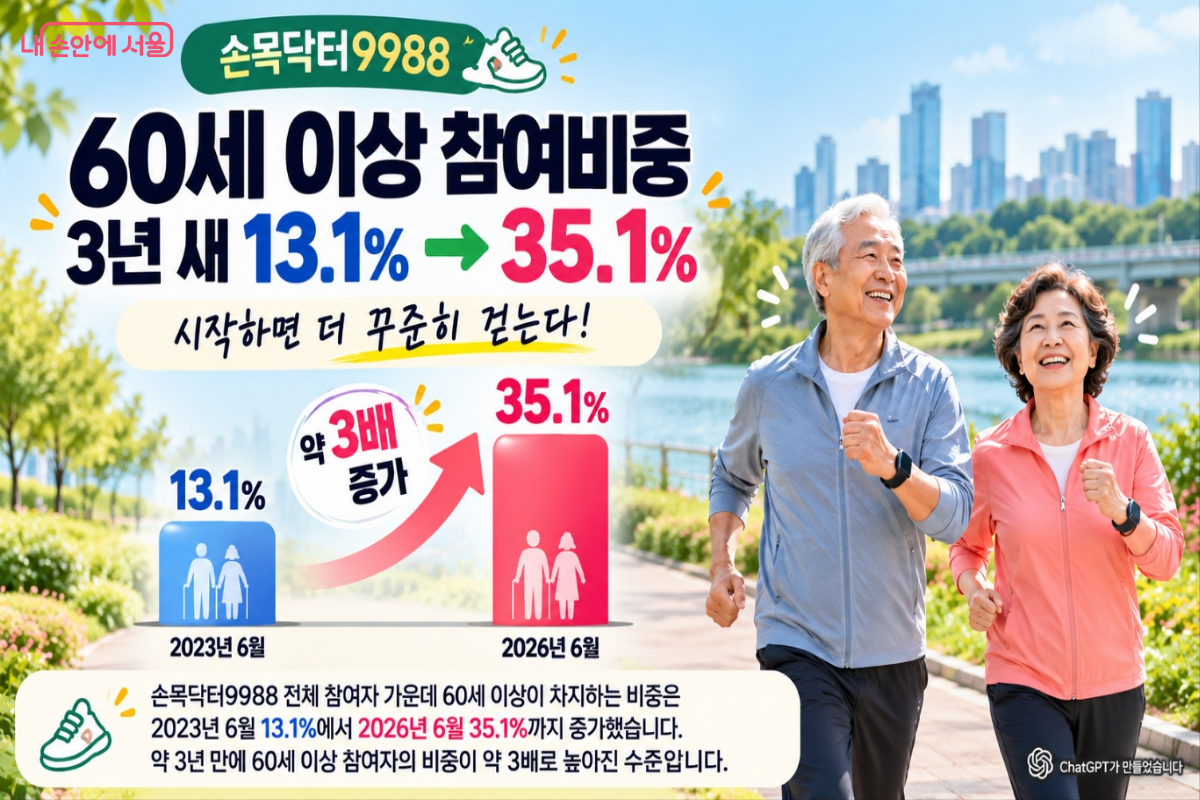 손목닥터9988 홍보 이미지로, 60세 이상 참여비중이 13.1%에서 35.1%로 늘었다는 그래프와 걷는 노부부가 보인다.