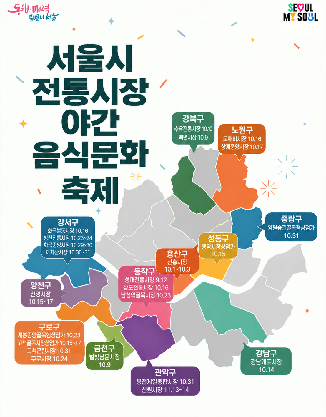 서울 자치구 지도 위에 12개 자치구 전통시장 야간 음식문화 축제 날짜를 말풍선으로 표시한 서울시 안내 그림