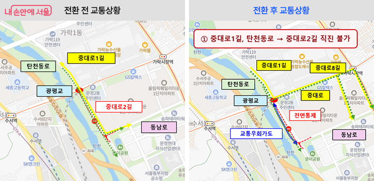 ① 중대로1길, 탄천동로에서 중대로2길 진입불가
