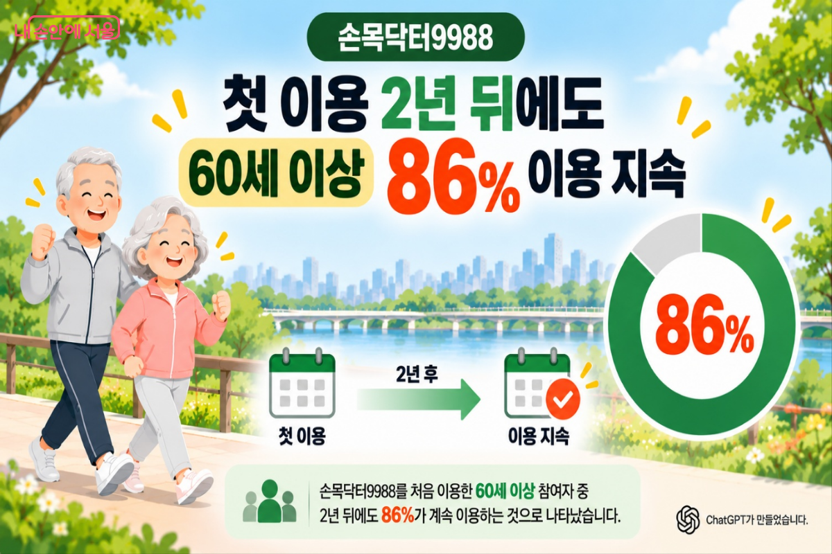 공원 산책로를 걷는 노년층과 함께 손목닥터9988 60세 이상 이용 지속 86%를 알리는 안내 이미지