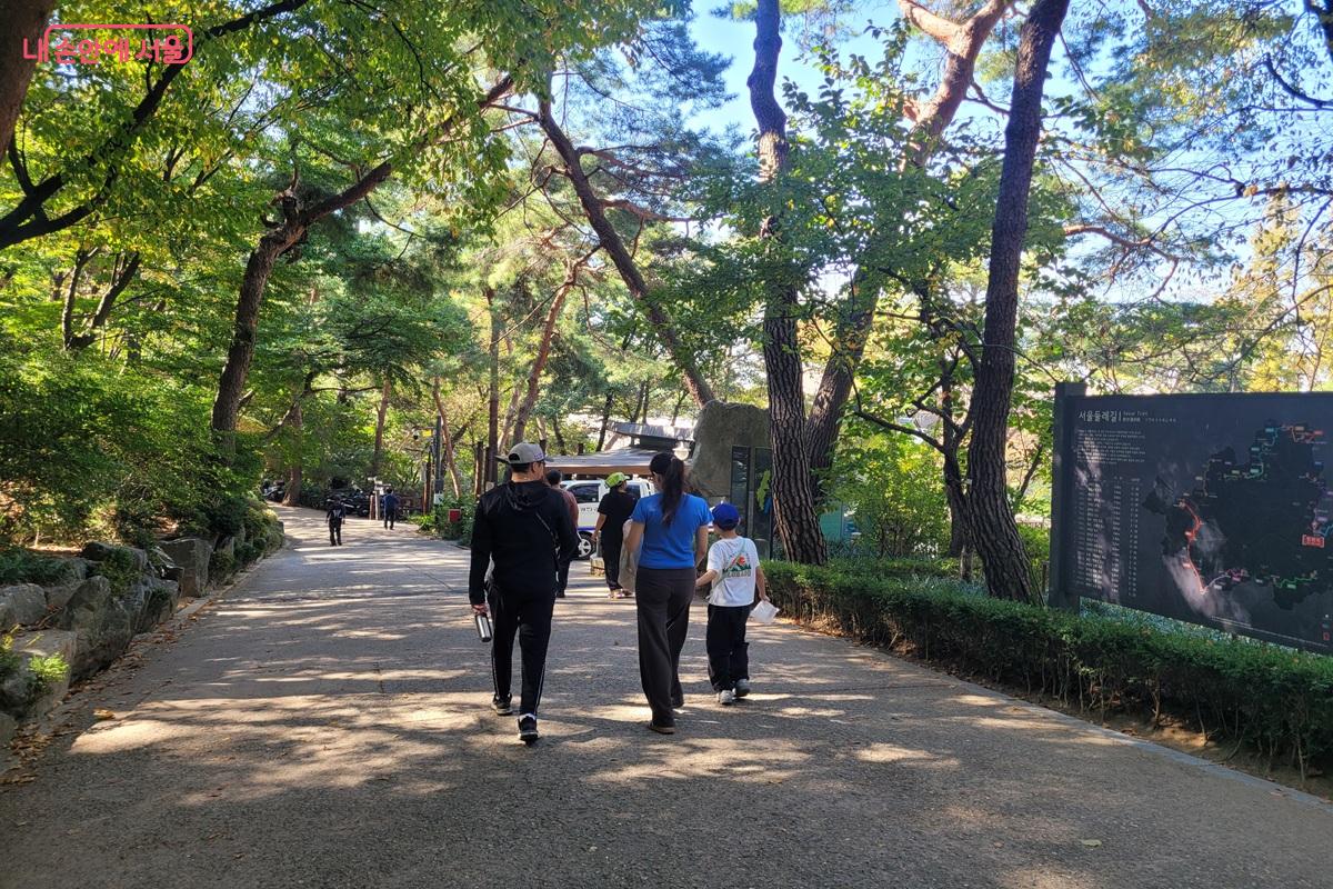 울창한 나무가 양옆에 있는 넓은 숲길을 나란히 걷는 사람들