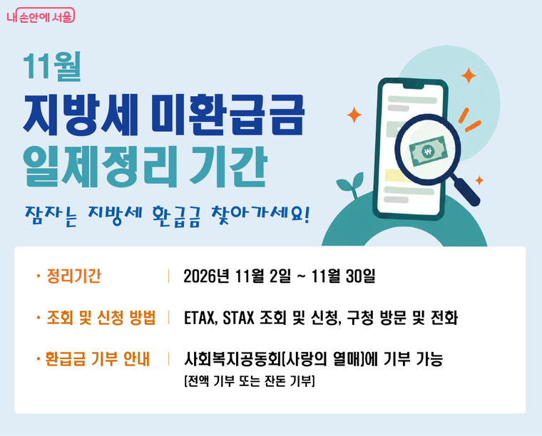 서울시는 11월 한 달간 하반기 지방세 미환급금 일제정리 기간을 운영한다.