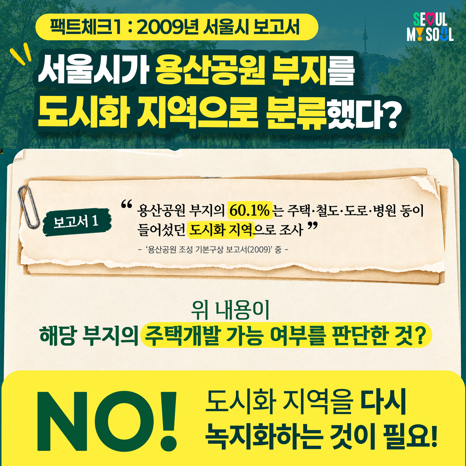 팩트체크1 : 2009년 서울시 보고서
서울시가 용산공원 부지를 도시화 지역으로 분류했다?
"용산공원 부지의 60.1% 는 주택&middot;철도&middot;도로&middot;병원 등이 들어섰던 도시화 지역으로 조사"
- '용산공원 조성 기본구상 보고서(2009)' 중 -

v 위 내용이 해당 부지의 주택개발 가능 여부를 판단한 것?
- NO! 도시화 지역을 다시 녹지화하는 것이 필요!